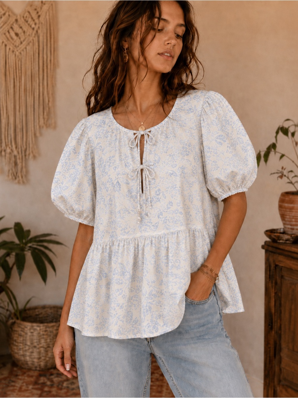 CeCe Light Blue Floral Tie-Front Puff Sleeve Relaxed Top